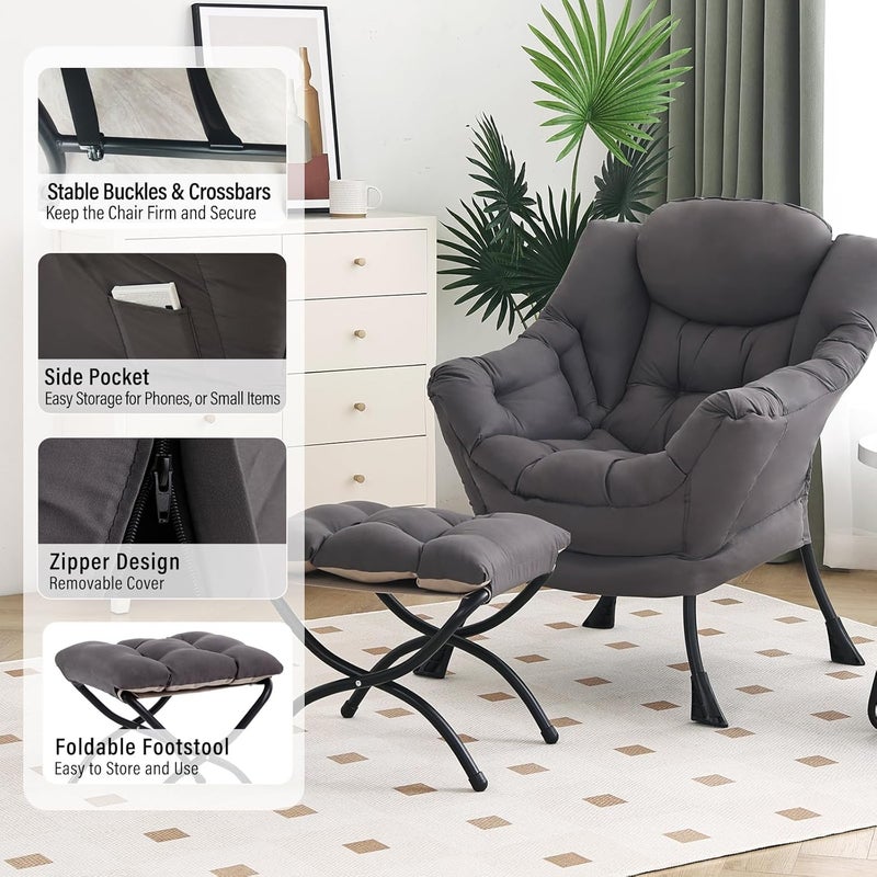 Furlide Lazy Chair with Ottoman, Modern Chair with Folding Footrest, Lounge Accent Chair, Comfortable Reading Chair, Oversized Armchairs for Bedroom, Study, Living Room, Courtyard (Dark Grey) - Image 5